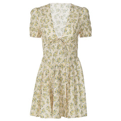 dress to impress codes French Sweet Style Autumn New Sexy Deep V Thin Waist Short Sleeve Mid Pleated Floral Dress Women