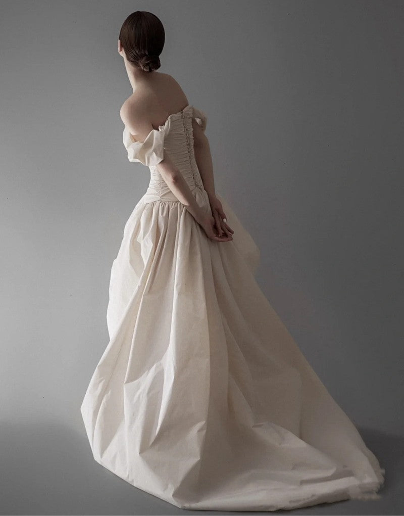 detective vs suspect dress to impress 2025 New off-Shoulder Outdoor Yarn Taffeta Short Sleeve Niche Light Luxury High-End Bride Wedding Outdoor Travel Summer