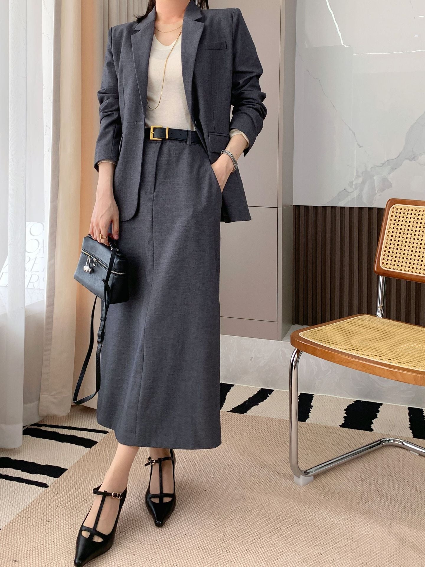 Business-Outfit für Damen Th Home Leichter Luxus! Dreidimensional geschnittene Wollmischung Slim Fit Schlankmachender Anzug mit einem Knopf Jacke Rock Anzug Damen