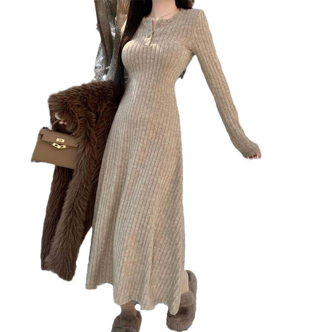 Outfit-Inspo Schneeflocken-Baumwoll-Streifen Herbst und Winter Neue Taille Schlankheitsrock Französisches Strick-A-Linien-Kleid für Damen