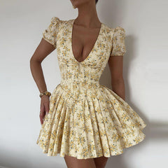 dress to impress codes French Sweet Style Autumn New Sexy Deep V Thin Waist Short Sleeve Mid Pleated Floral Dress Women