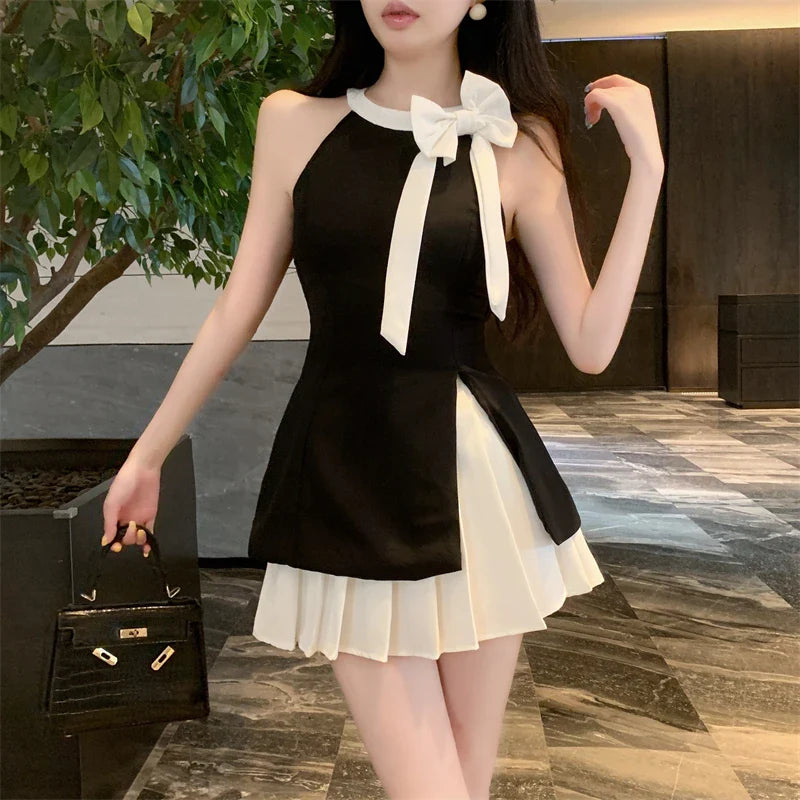 French Small Fragrance 2 Piece Set Women Hotsweet Sexy Bow Top + Pleated Skirt Suits Ladies Korean Sweet Two Piece Sets Outfits