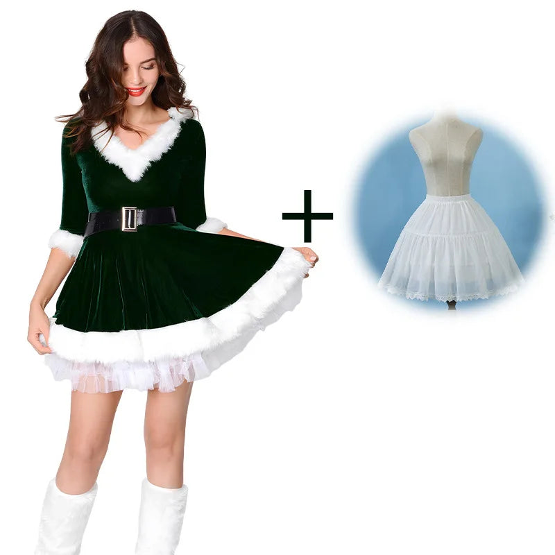 Neue Mode Frauen Halbarm Solide Beliebte Damen Weihnachtsmann Weihnachten Thema Kostüm Cosplay Outfit Gürtel Ausgefallenes Weihnachtskleid