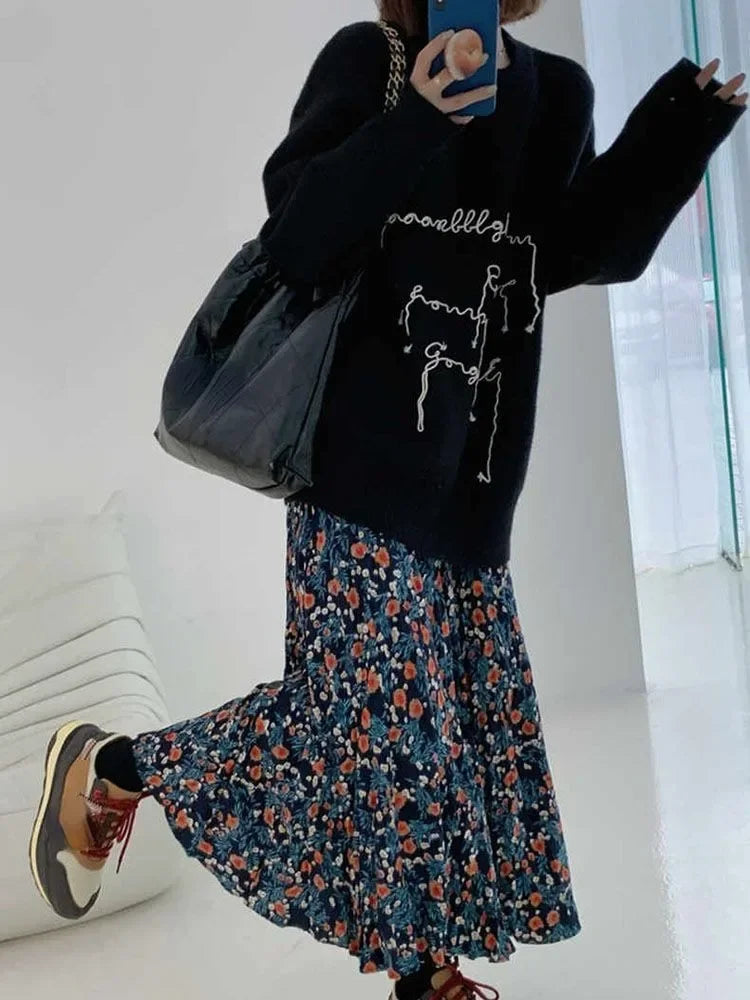 Vintage Blau Blume Drucken Rock für Frauen Sommer Neue Hohe Taille A-linie Röcke Faul Alle-spiel Mid-länge lose Faldas Mujer