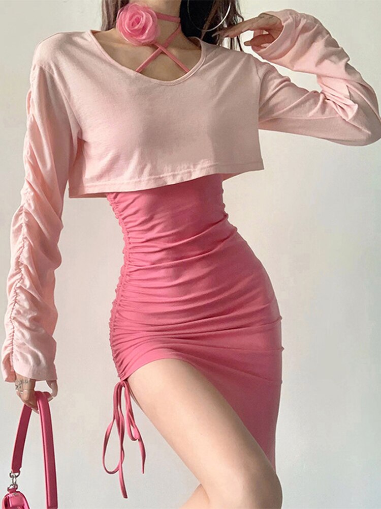 Spring Outfit Sweet Cute Pink Irregular Dress Women Slim Sexy Mature Hot Girl Lace Up Dress with Long Sleeve Short Top Women's Two Piece Sets