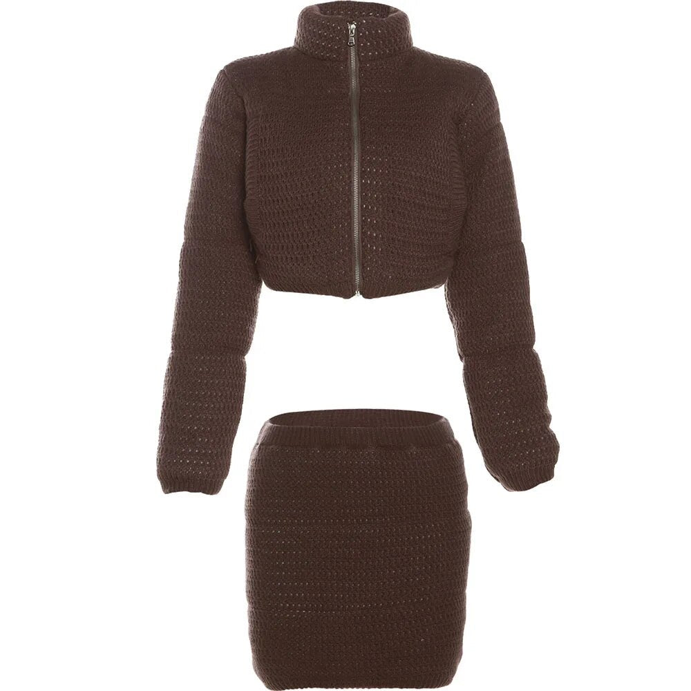High Waist Knitted Dress Suits Women Slim Fashion Zipper Short Coat Woman Bodycon Mini Skirts 2 Piece Sets Womens Outfits