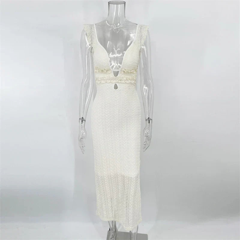 Deep V Neck Sexy Dresses Women Sleeveless See Through High Waist Long Cover Up Dress Femme Holiday Knitted Beach Dress