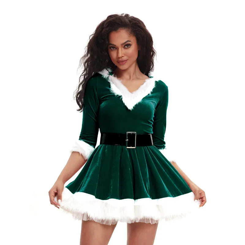 Neue Mode Frauen Halbarm Solide Beliebte Damen Weihnachtsmann Weihnachten Thema Kostüm Cosplay Outfit Gürtel Ausgefallenes Weihnachtskleid