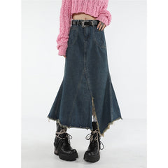 Back to school 2023 Spring Vintage Blue Women Denim Trumpet Skirt Streetwear Style Casual Irregular High Waist Ladies Long Mermaid Jean Skirt