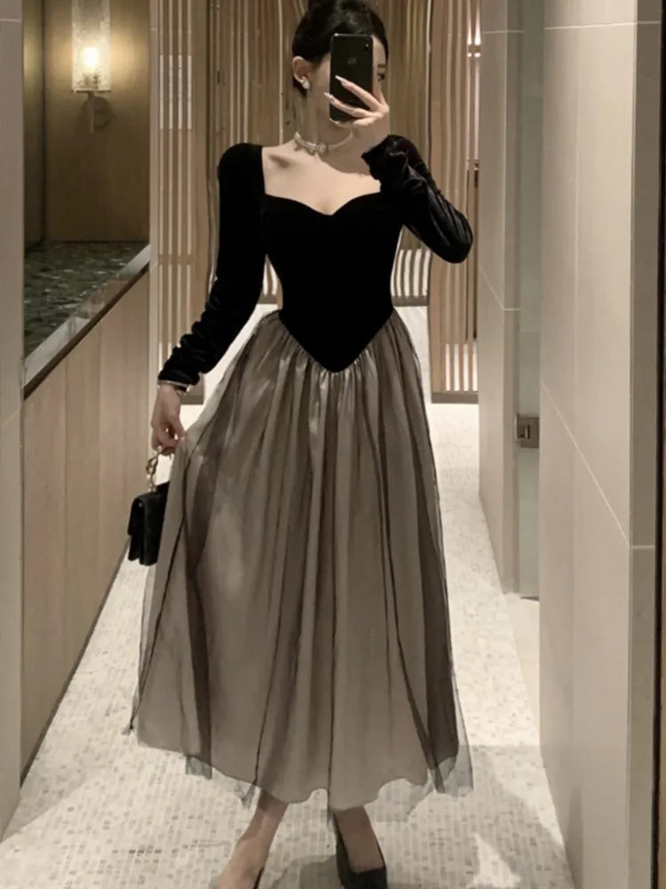 Französische Vintage Abend- und Partykleider für Frauen, Langarm, Samt, Patchwork, Mesh, A-Linie, Herbst, neues Einteiler, Midi, Vestidos Mujer