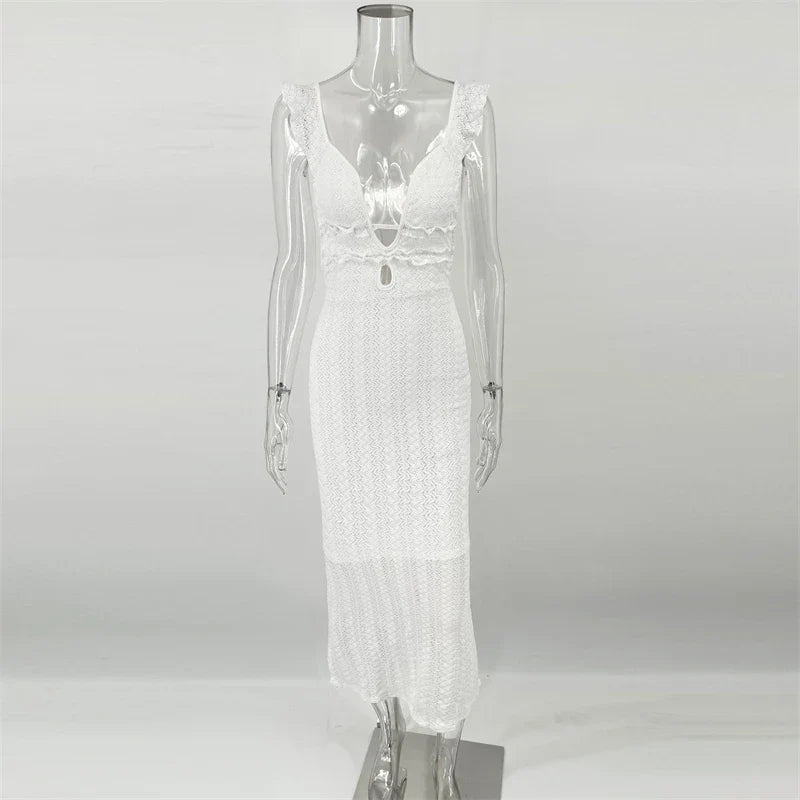 Deep V Neck Sexy Dresses Women Sleeveless See Through High Waist Long Cover Up Dress Femme Holiday Knitted Beach Dress