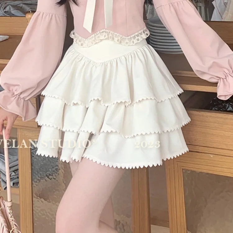 Fashion Sweet Sailor Collar Bow Long Sleeve Tops Women+ Y2k E-Girl High Waist Ruffles A-line Skirts Summer New Two Piece Sets