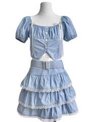 Lolita Kawaii Zweiteiler Frauen Spitze Vintage Süße Kuchenrock Set Weibliche Blase Ärmel Korean Fashion Minirock Anzug 2023 Neu