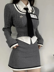 Graues 3-teiliges Set im Preppy-Stil für Damen, koreanische Mode, gestrickter Minirock, lässige Bluse + warme Pullover + eleganter Rock