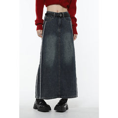 Back to school Spring Vintage Blue Women Denim Skirt Streetwear American Style Casual High Waist Ladies Slit Jean Medium and Long A-line Skirt