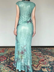 Vintage Dünne Mode Druck Oansatz Kurzarm Tops Frauen + Y2k Schlanke Taille Bodycon Röcke 2024 Sommer Neue Zwei Stück sets