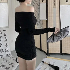 Autumn and Winter New Apricot Off Shoulder Slim Fit Pleated Mini Dress Women's Long Sleeve Sexy Dresses Bodycon Hip Wrap Skirt