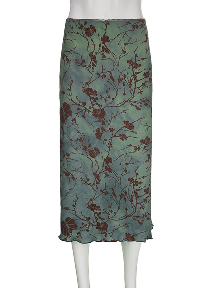 Harajuku Vintage A-Linie Midi Röcke Frauen Gothic Grunge Ästhetischen Sommer Niedrigen Taille Rock Floral Print 90s Y2K Streetwear Faldas