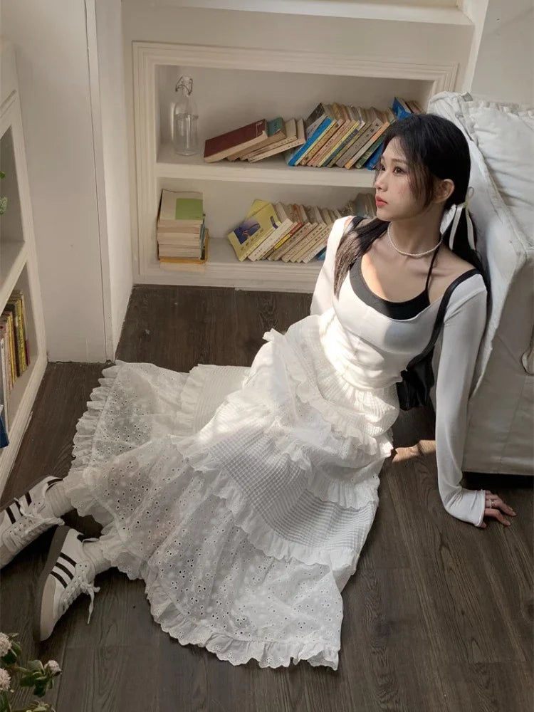 Fairycore Weißer Langer Rock Frauen Cutecore Aushöhlen Haken Floral Patchwork Rüschen Hohe Taille A-linie Maxi Rock Mori Mädchen