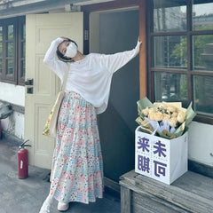 Korean Sweet Patchwork Floral A-line Skirt for Women Y2k High Waist Skirts 2024 Summer New Loose Mid-length Faldas Mujer