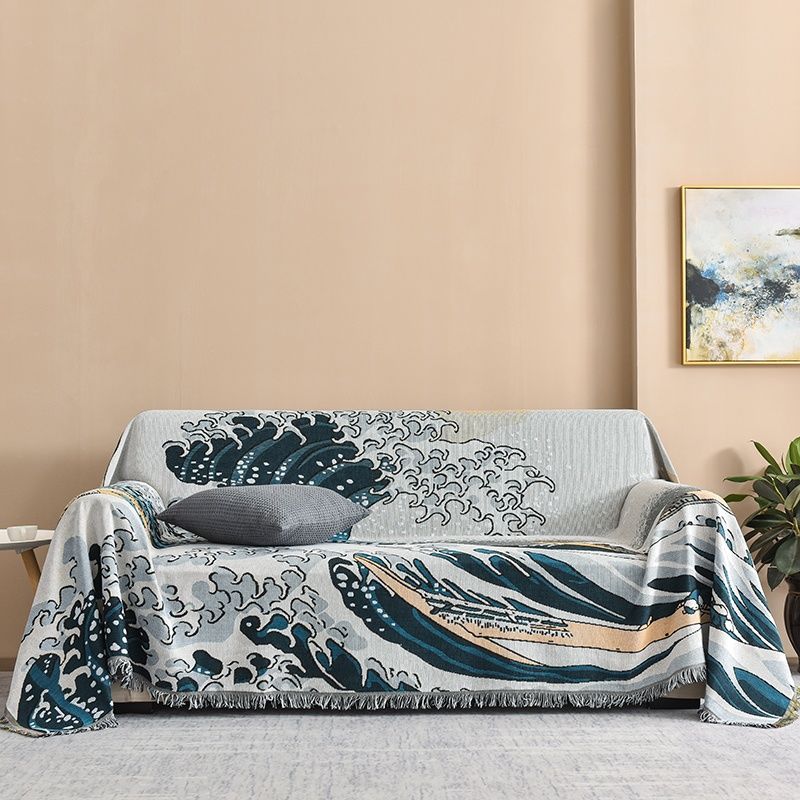 Textile City Japanese Simple Style Wave Home Cloth Sofa Blanket Dust Cover Jumbo Size Double Sofa Cushion Camping Picnic Cloth