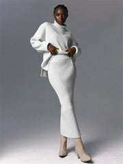 Ribbed Knit 2 Piece Dress Set Outfits Ladies  Knitwear Top And Midi Skirt Sets For Women Casual Winter Sweater Sets 2023