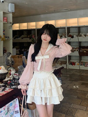 Mode Süße Sailor Kragen Bogen Langarm Tops Frauen + Y2k E-Girl Hohe Taille Rüschen A-linie Röcke Sommer Neue Zwei Stück Sets