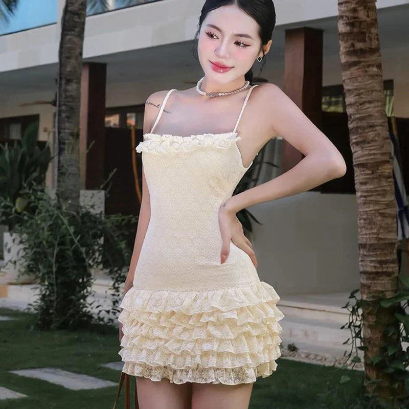 Lace Splicing Ruffled Sling Dress For Women Solid Color High Waisted Sleeveless Backless Summer Beach Vacation New Dress