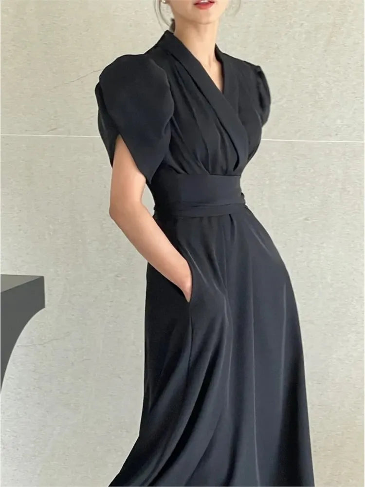 Bürodame Korean Chic Solide Midikleider für Frauen Puffärmel V-Ausschnitt A-Linie Freizeitkleid mit Taschen Neue Vestidos Kleidung