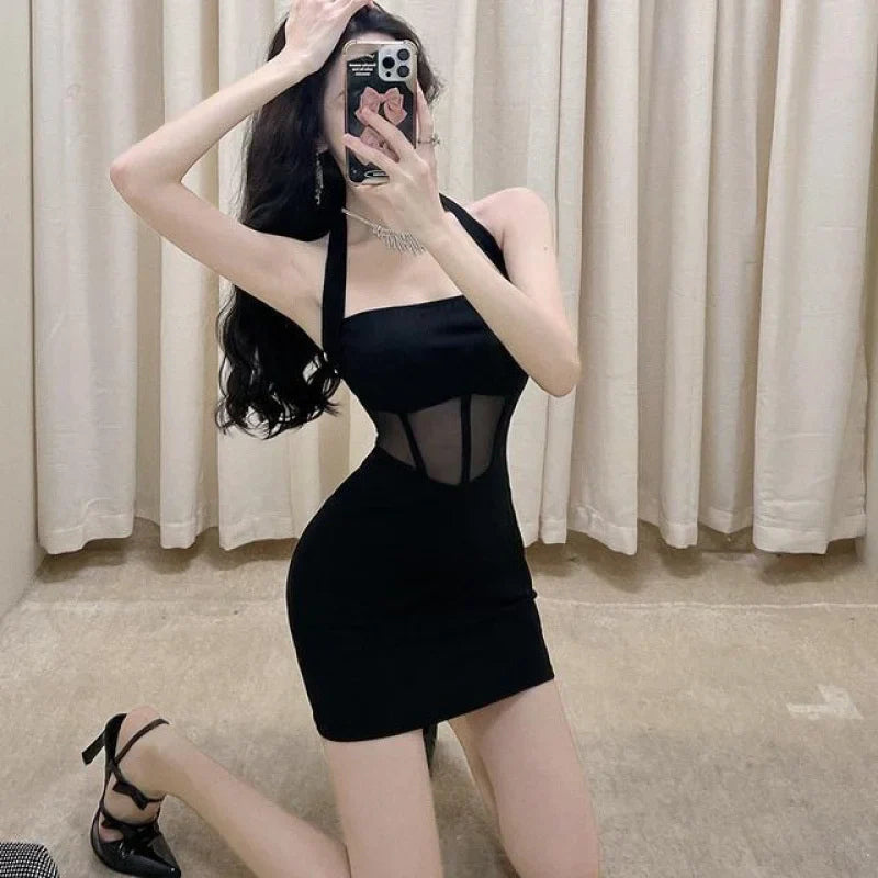 Elegant New Style Unique Sweet And Spicy Skirt Temperament Wrapped Waist Dress Show Thin Spicy Girl Black Mesh Strap Dress UAEF