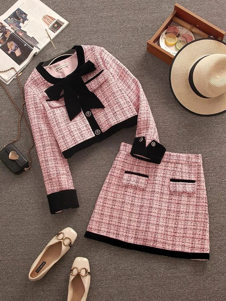 2024 autumn winter Small Fragrance Tweed Two Piece Set Women Short Jacket Coat + Skirt Suits Korean 2 Piece Sets Women Outfit