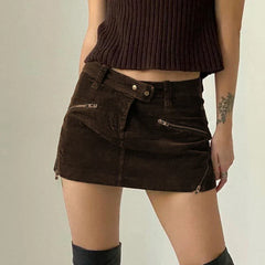 Y2K Fairycore Niedliches Reißverschluss-Design Gerader Rock Preppy Vintage Cord Minirock 00er Ästhetik Harajuku Grunge Streetwear