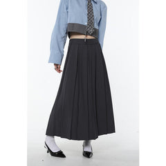Frühling Vintage Grau Damenrock Hohe Taille Amerikanischer Stil College-Stil Plisseeanzugrock Damen Mittellanger und langer A-Linienrock
