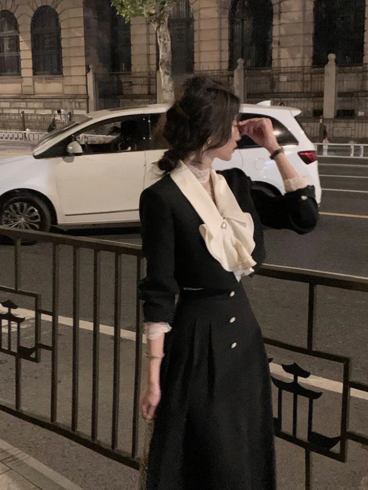 Elegantes 2-teiliges Kleiderset für Damen, Langarm-Crop-Tops + lässiger schwarzer Midirock, 2025 Herbst, schlank, Retro, Bürodame, koreanische Anzüge
