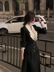 Elegantes 2-teiliges Kleiderset für Damen, Langarm-Crop-Tops + lässiger schwarzer Midirock, 2025 Herbst, schlank, Retro, Bürodame, koreanische Anzüge