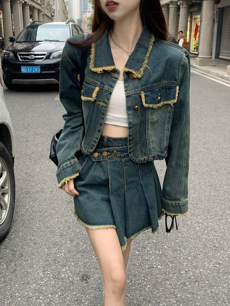 Damen Blaue Jeansjacke Oberbekleidung Einreihig Polokragen Mode Vintage Freizeit Kurzmantel Oberteile Unregelmäßiger Kurzrock Anzug