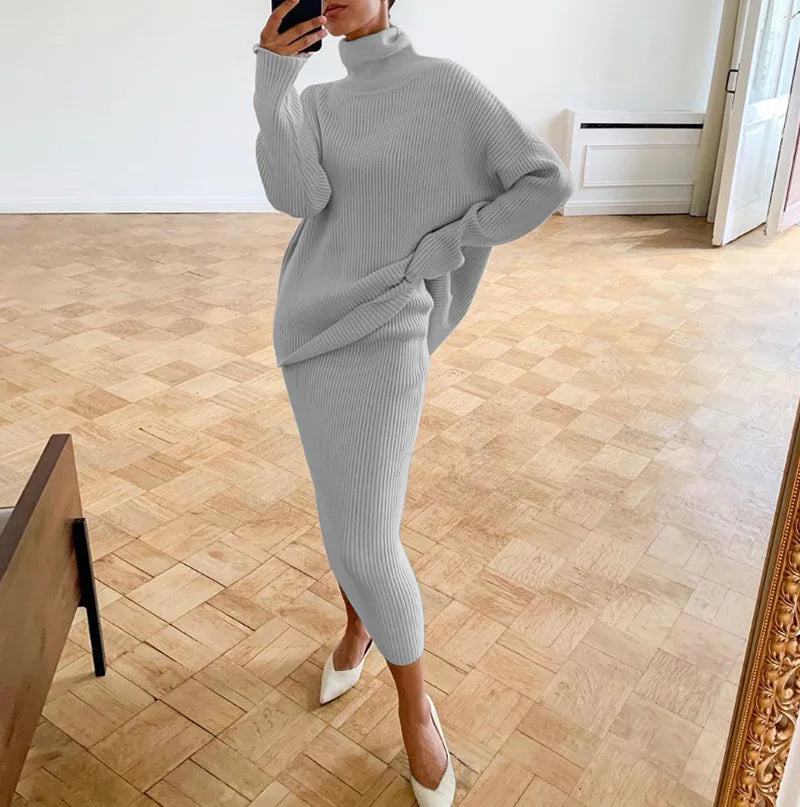 Knitted Skirt Sets Women Autumn Winter Turtleneck Pullover And Pencil Long Skirts Elegant 2 Piece Sets Sweater Outfits