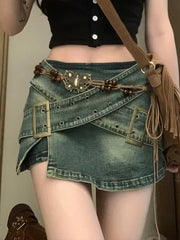 Amerikanischer Retro-Jeansrock im Used-Look für Damen, Hot Girl, unregelmäßiger A-Linien-Hüftrock mit weitem Bein, amerikanischer Retro-Y2k-Rock