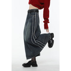 Back to school Spring Vintage Blue Women Denim Skirt Streetwear American Style Casual High Waist Ladies Slit Jean Medium and Long A-line Skirt