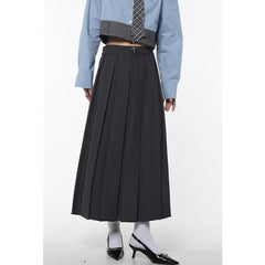 Frühling Vintage Grau Damenrock Hohe Taille Amerikanischer Stil College-Stil Plisseeanzugrock Damen Mittellanger und langer A-Linienrock
