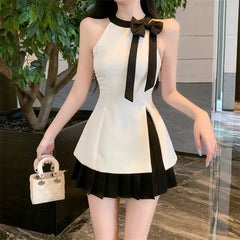 French Small Fragrance 2 Piece Set Women Hotsweet Sexy Bow Top + Pleated Skirt Suits Ladies Korean Sweet Two Piece Sets Outfits