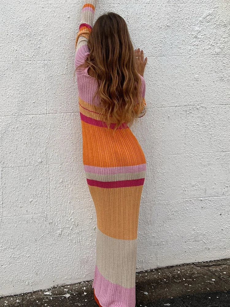 Striped Knitted Autumn Dress 2022 Women Sexy Long Sleeve Bodycon Maxi Dresses Femme Y2K Holiday Beach Party Vestidos