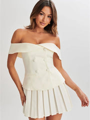 Folds Dress Sets Women Sexy Off Shoulder Sleeveless Button Crop Tops Female Street Casual Mini Skirt Sets Womens Outfits