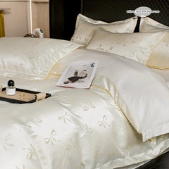3pcs Cream color Duvet Cover Set (1*Duvet Cover + 2*Pillowcase, Without Core), bow jacquard Bedding Set