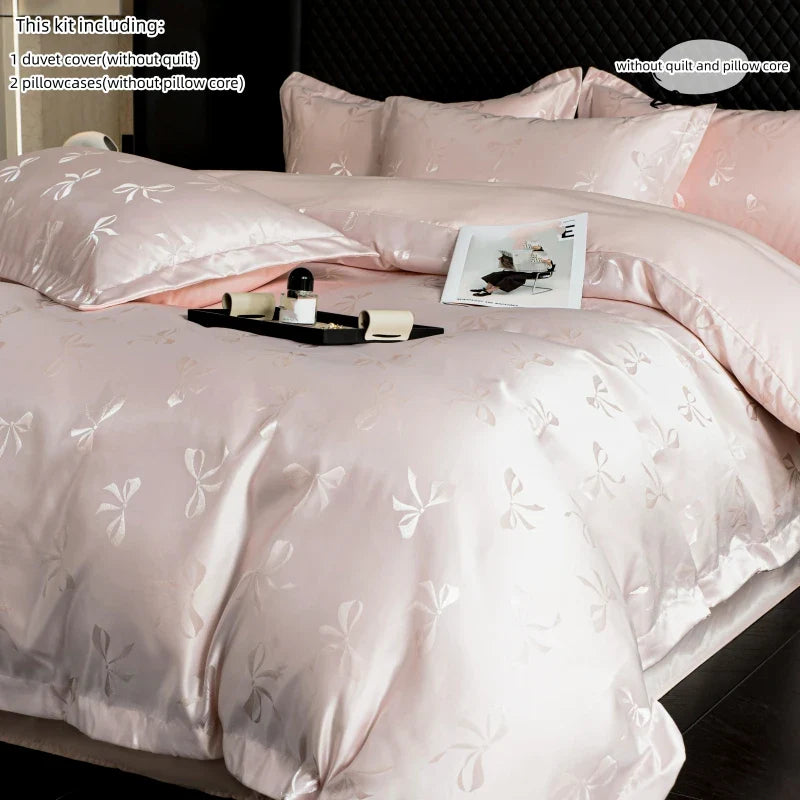 3pcs Cream color Duvet Cover Set (1*Duvet Cover + 2*Pillowcase, Without Core), bow jacquard Bedding Set