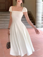 Elegant Midi Dress Women Summer New Fashion Evening Party Ladies Vestidos Vintage Slim Clothes Female Korean White Dresses