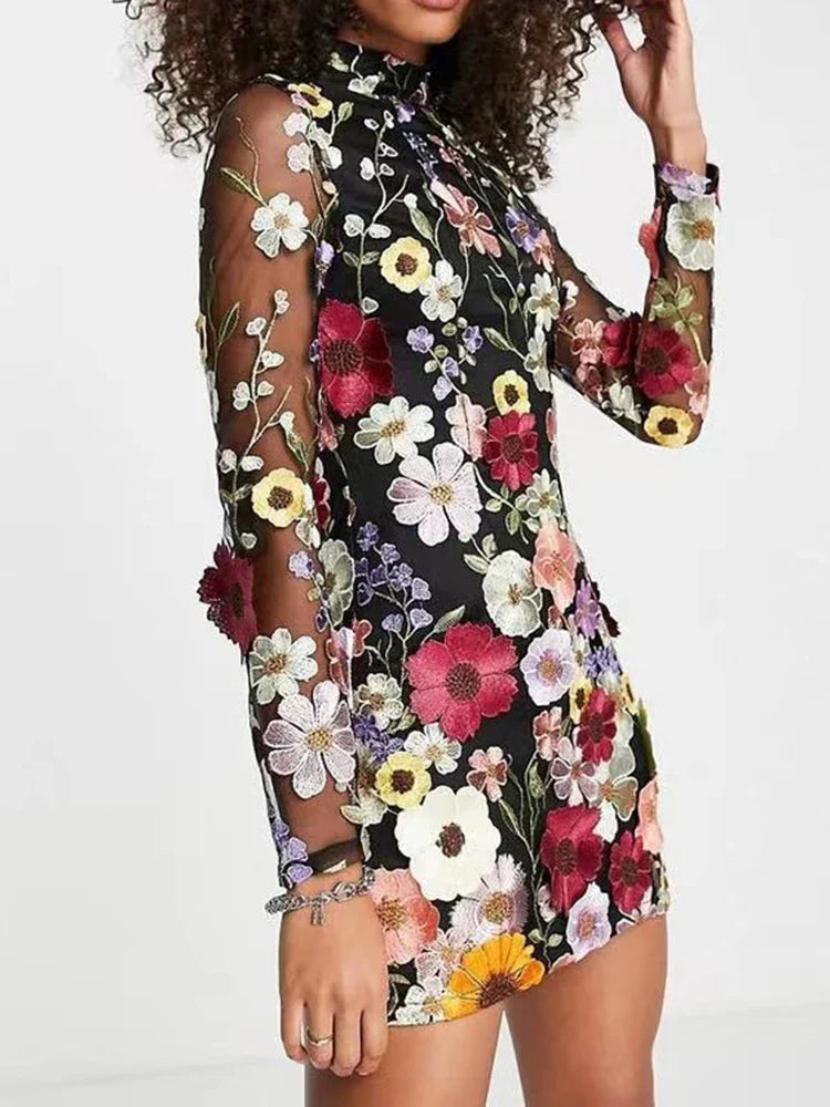 3D Flower Sexy Wrap Hip Dress For Women Slim Long Sleeve Streetwear Vestidos De Mujer 2023 Retro Trend Mini Dresses Woman