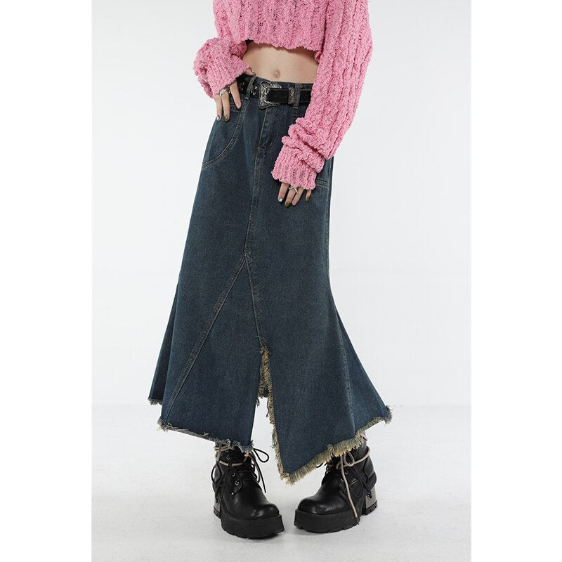 Back to school 2023 Spring Vintage Blue Women Denim Trumpet Skirt Streetwear Style Casual Irregular High Waist Ladies Long Mermaid Jean Skirt