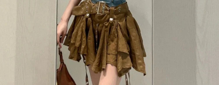 Fashion Heavy Slim Fit Denim Camisole Vest+ Y2k E-Girl High Waist Irregular Ruched Skirts 2024 Spring New Two Piece Sets