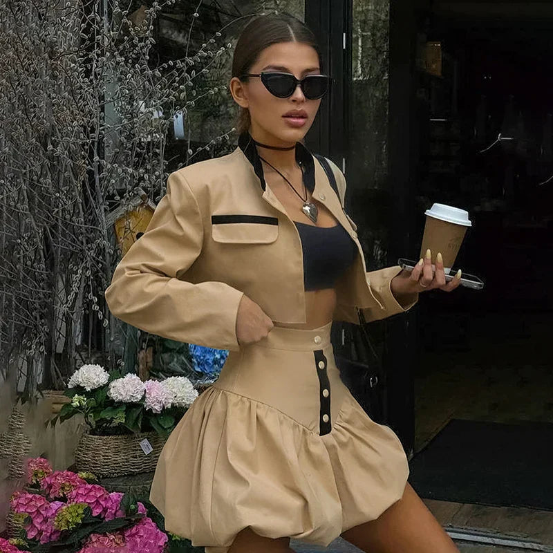 Herbst Neue Nabel Knospe Rock Anzug frauen Revers Langarm Kurze Strickjacke Mode Streetwear Schlank Passenden Sets Weibliche
